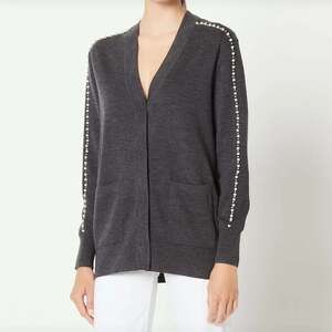 Sandro Paris Size 2 M Gray Wool Blend Pearl Rhinestone Long Cardigan